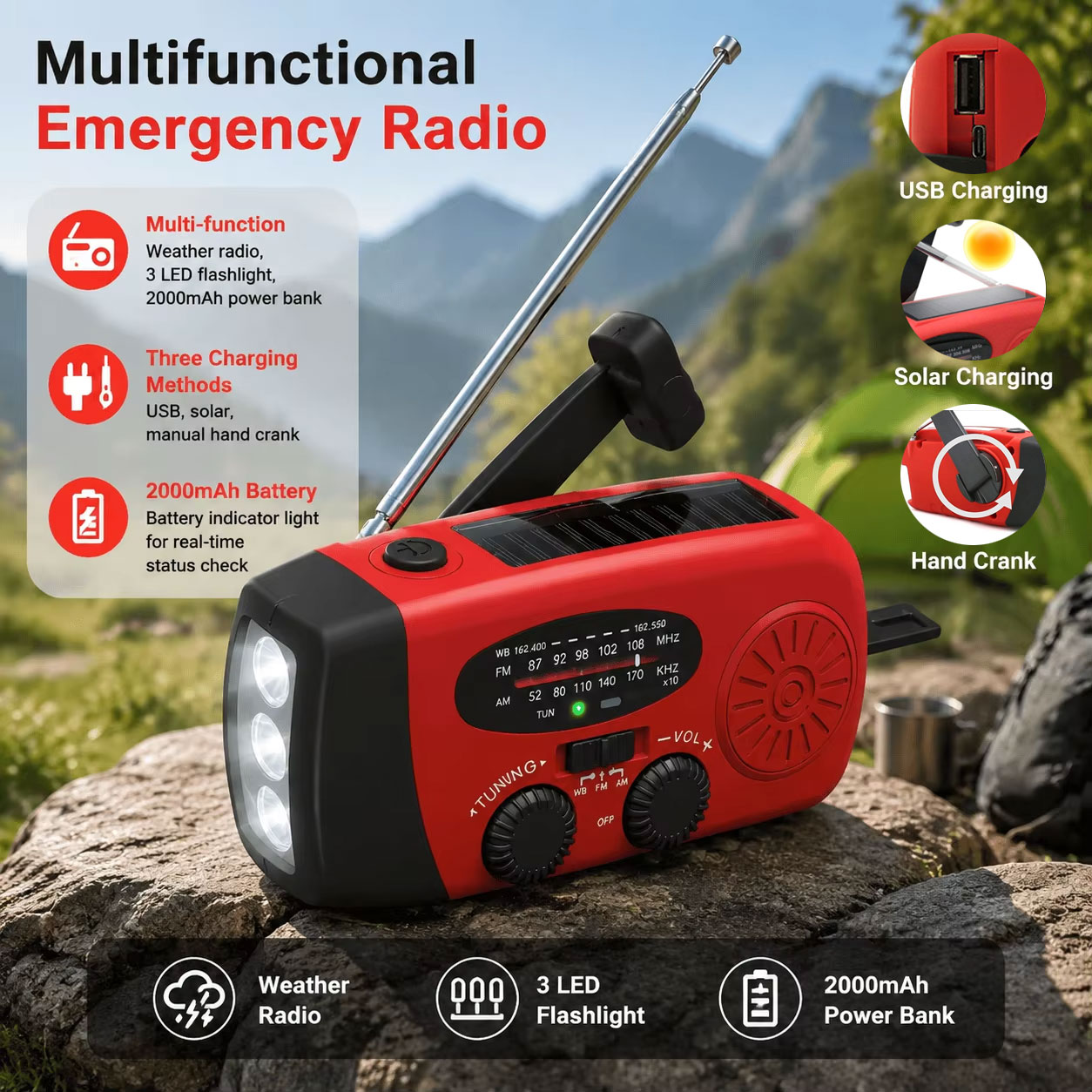 Home Improvement Show - Tragbares Solar-Handkurbel-Notfallradio 2000mAh Powerbank FM AM