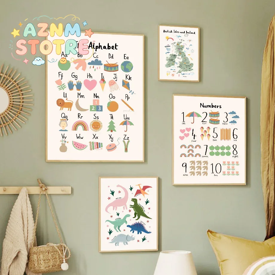 Home Improvement Kids - Tierweltkarte Dinosaurier Alphabet Zahlen Leinwand Wandkunst